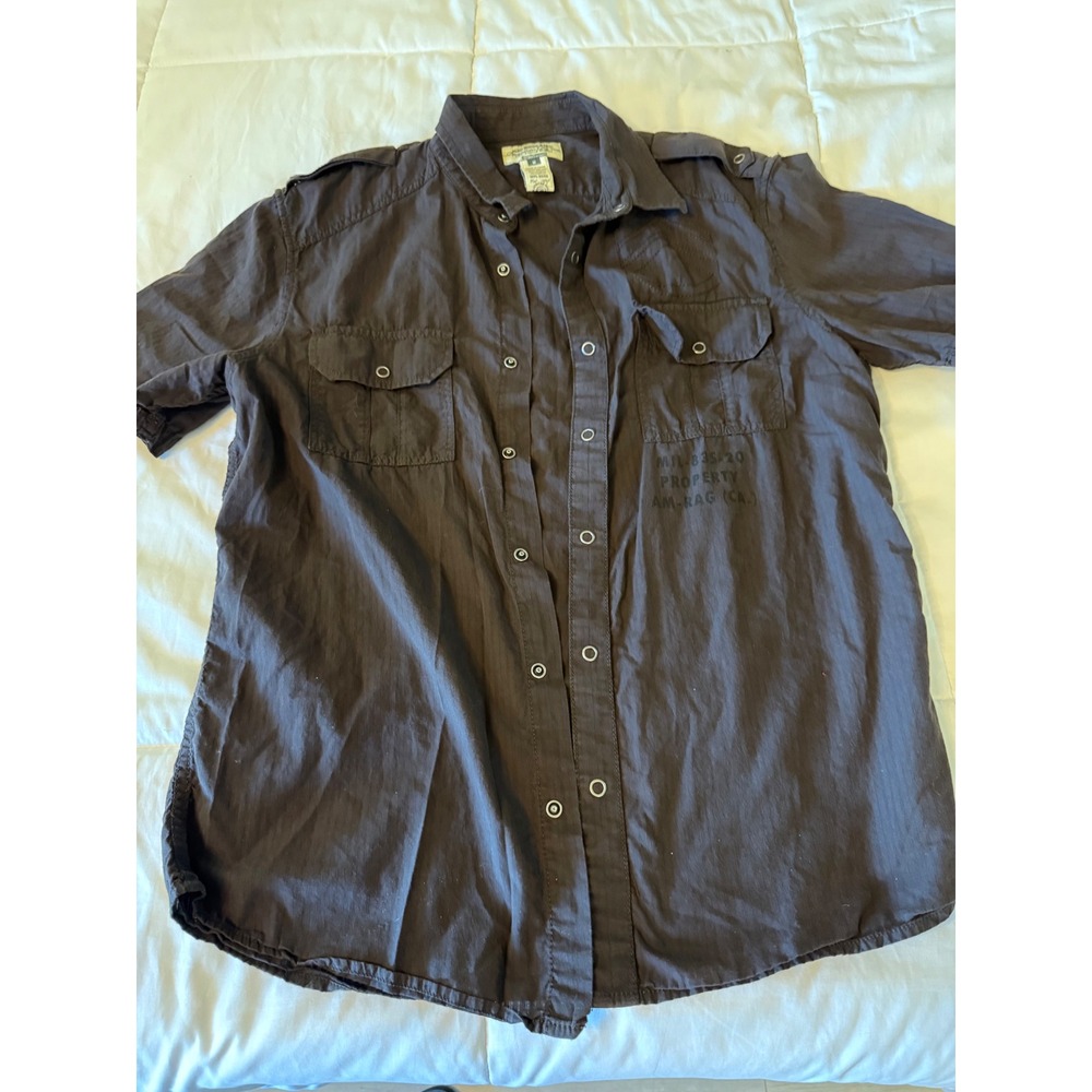 American Rag Mens Grey Military Short Sleeve Button Down Shirt Medium Graphic